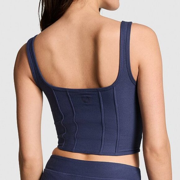 NEW NWT VS PINK VICTORIA'S SECRET Cinched Piqué Corset Top Navy Blue Crop Top L - Picture 4 of 16